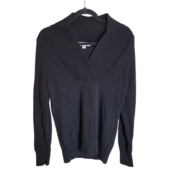 Merona Womens Sz M Black Solid Long Sleeve V-Neck Knitted Sweater - Picture 1 of 10